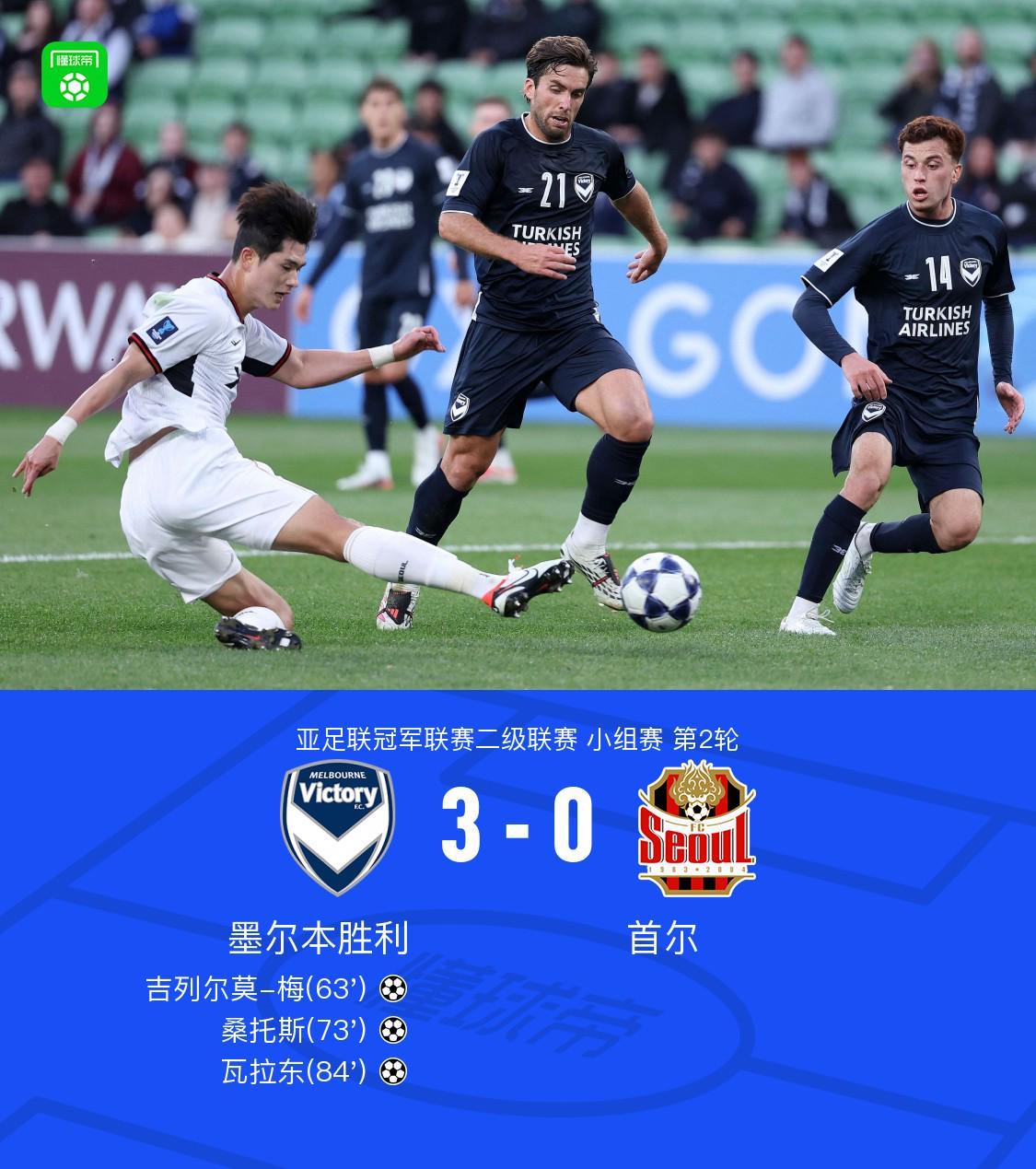墨尔本胜利3-0首尔，吉列尔莫-梅、桑托斯、瓦拉东建功